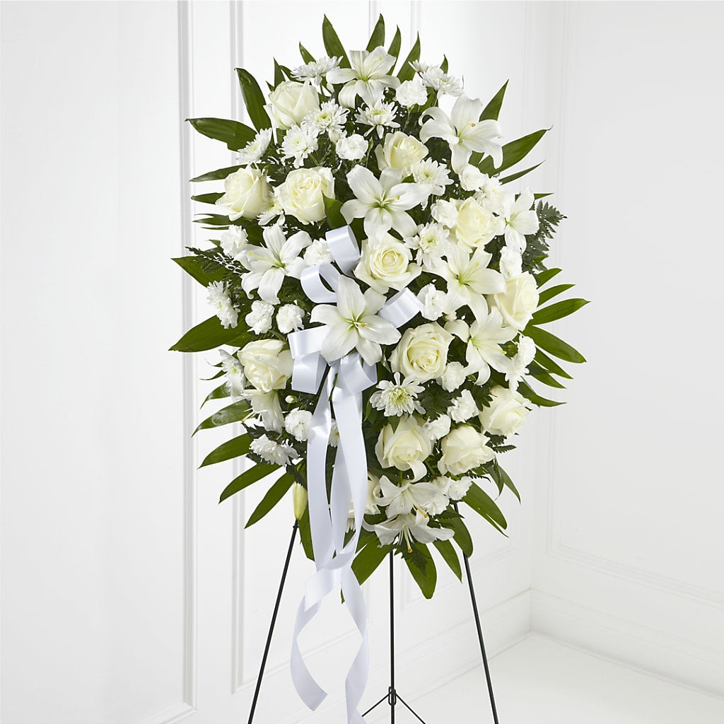 Exquisite Tribute Standing Spray-White Ribbon – WENDT'S FLORIST & GIFTS, Duncansville PA