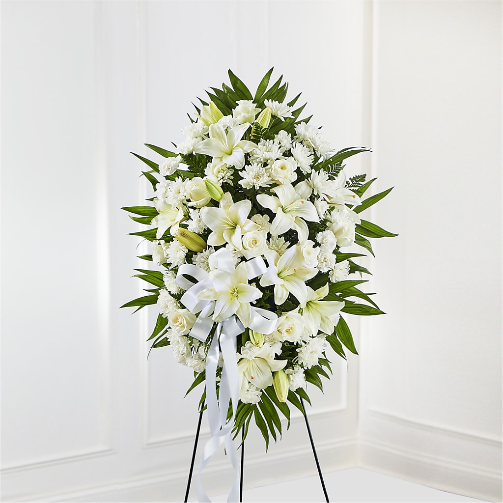 Exquisite Tribute Standing Spray-White Ribbon – WENDT'S FLORIST & GIFTS, Duncansville PA